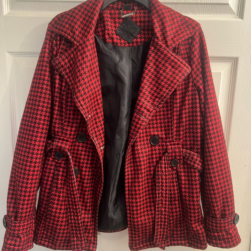 Jou Jou Red and Black Houndstooth Pea Coat